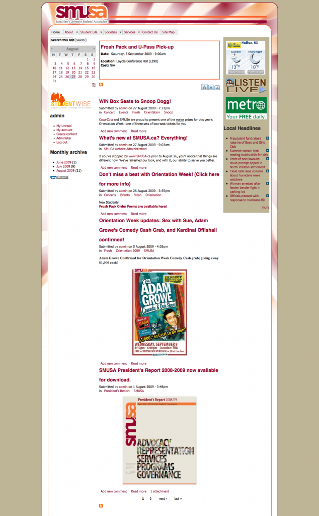 Saint Mary's University Students' Association SMUSA website (Aug 2009 - Present)